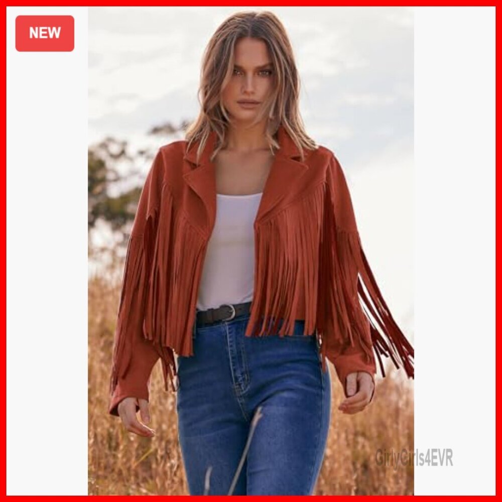 Faux Suede Fringe Cropped Jacket, Motorcycle Style, Women's Outerwear - Picture 5 of 7